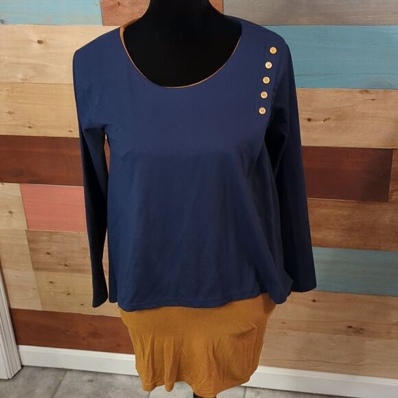 Medium long sleeve T-shirt. Two layers brown and blue with buttons - Picture 1 of 5